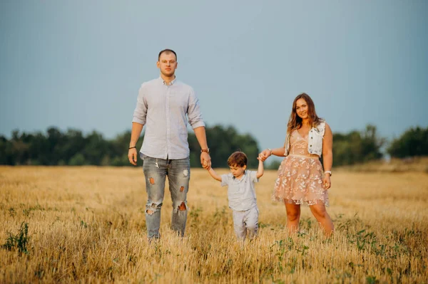 Concept Happy Family Son Mom Daddy Happy Family Field Evening — Stock Photo, Image