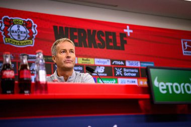 LEVERKUSEN, GERMANY - 10 Eylül 2025: Kasper Hjulmand - Bayarena 'da basın toplantısı.