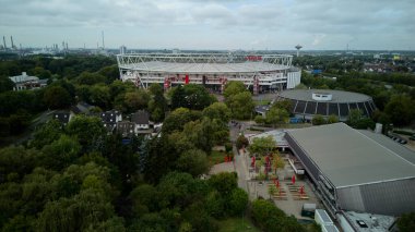 LEVERKUSEN, ALMANY - 10 Eylül 2025: Bayarena, futbol kulübü Bayer 04 Leverkusen 'in ev sahibi stadyumu. Sadece yazı işleri için. Satmak veya dağıtmak yasaktır.