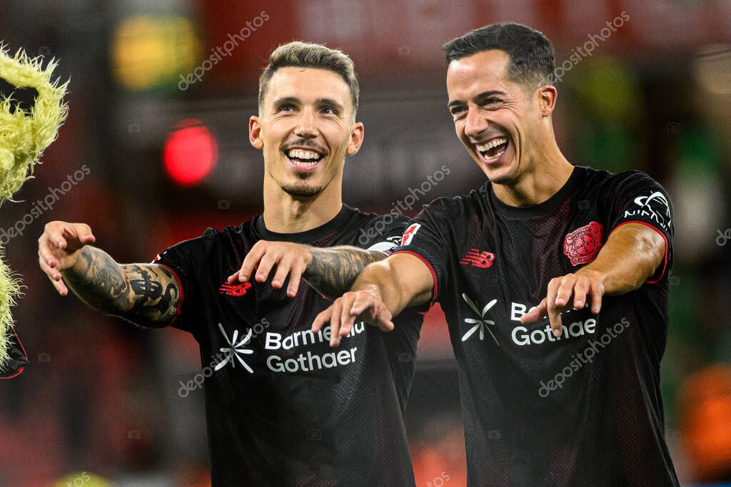 LEVERKUSEN, GERMANY - 12 SEPTEMBER, 2025: Alejandro Grimaldo, Lucas Vazquez - The Bundesliga match Bayer 04 Leverkusen vs SG Eintracht Frankfurt at BayArena.