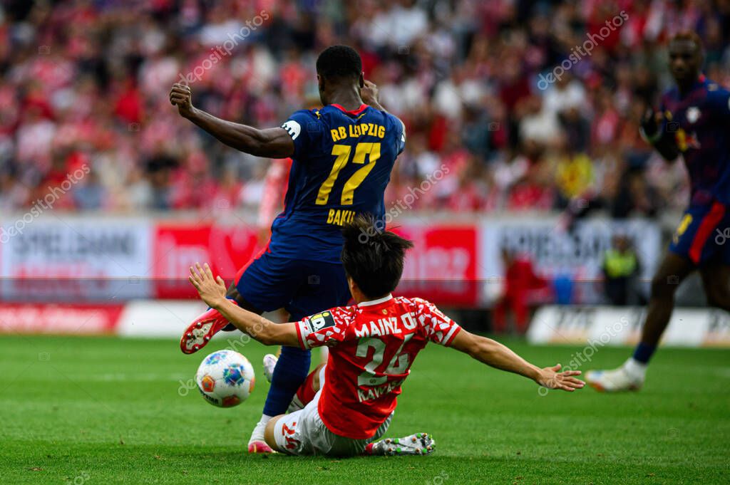 MAINZ, GERMANY - 13 SEPTEMBER, 2025: Ridle Baku, Sota Kawasaki - The Bundesliga match 1. FSV Mainz 05 vs RB Leipzig at Mewa Arena.