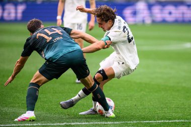 MOENCHENGLADBACH, GERMANY - 14 Eylül 2025: Senne Lynen, Rocco Reitz - Bundesliga Borussia Moenchengladbach-SV Werder Bremen maçı Borussia Park 'ta.