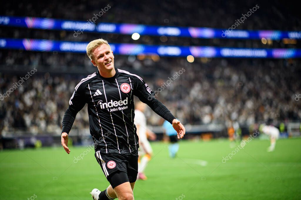 FRANKFURT, GERMANY - 18 SEPTEMBER, 2025: Jonathan Burkardt, goal - The match UEFA Champions League Eintracht Frankfurt v Galatasaray A.S. at Deutsche Bank Park.