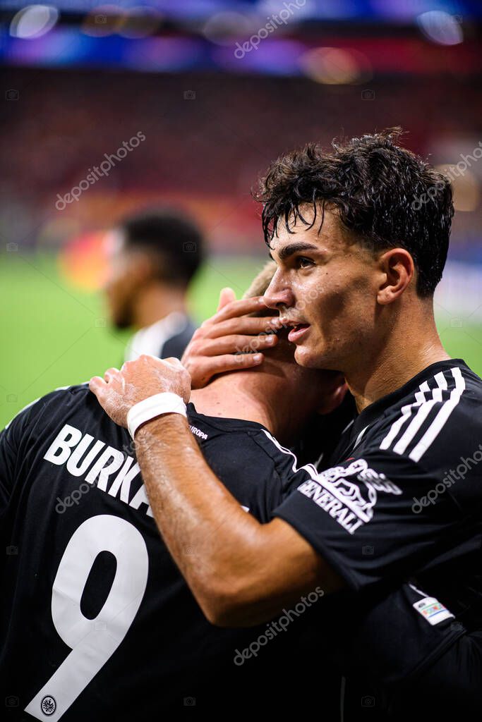 FRANKFURT, GERMANY - 18 SEPTEMBER, 2025: Can Uzun, Jonathan Burkardt, goal - The match UEFA Champions League Eintracht Frankfurt v Galatasaray A.S. at Deutsche Bank Park.