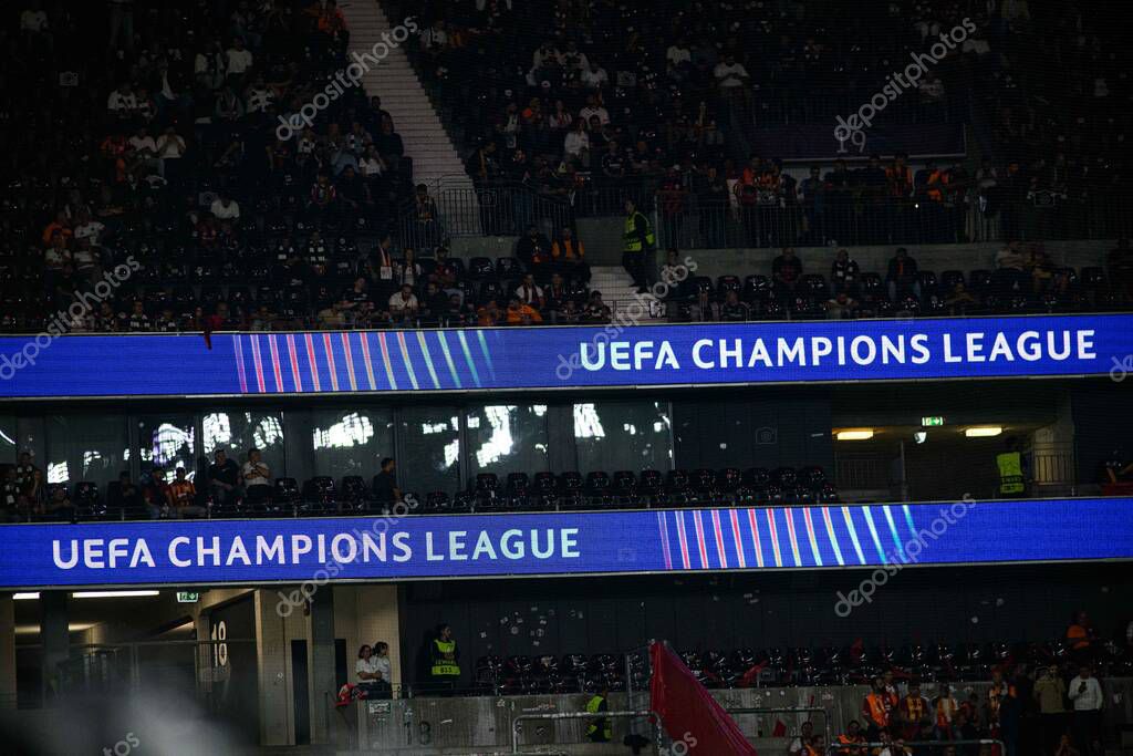 FRANKFURT, GERMANY - 18 SEPTEMBER, 2025: UEFA sign - The match UEFA Champions League Eintracht Frankfurt v Galatasaray A.S. at Deutsche Bank Park.
