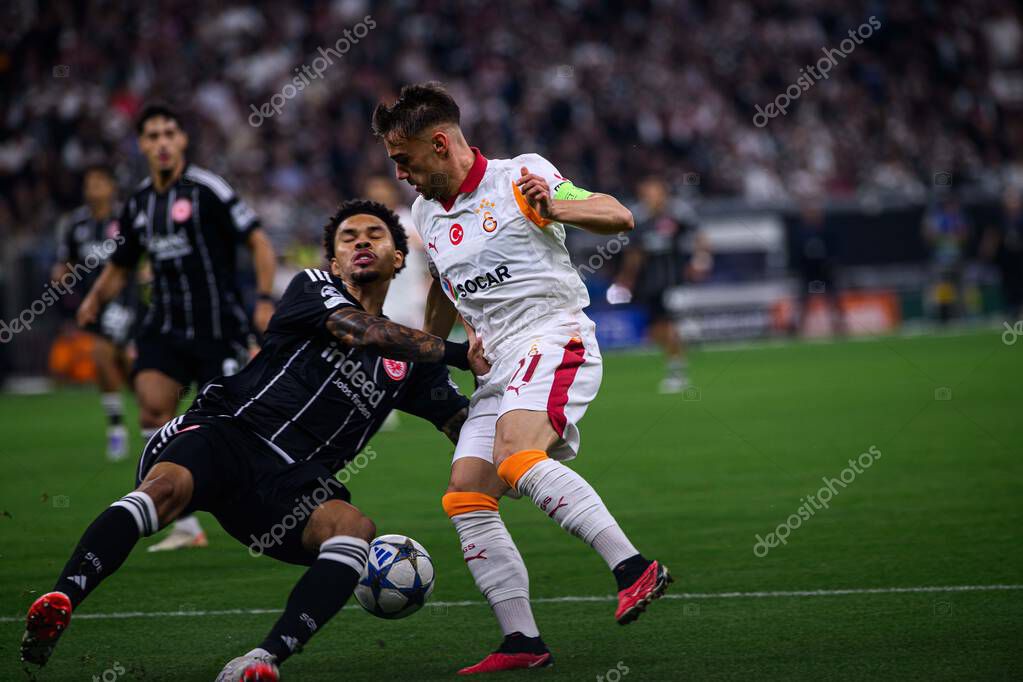 FRANKFURT, GERMANY - 18 SEPTEMBER, 2025: Nnamdi Collins, Yunus Akgun - The match UEFA Champions League Eintracht Frankfurt v Galatasaray A.S. at Deutsche Bank Park.