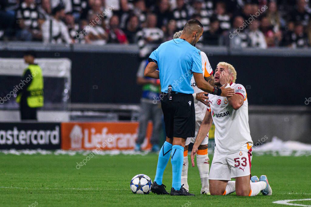 FRANKFURT, GERMANY - 18 SEPTEMBER, 2025: Baris Alper Yilmaz, Marco Guida - The match UEFA Champions League Eintracht Frankfurt v Galatasaray A.S. at Deutsche Bank Park.