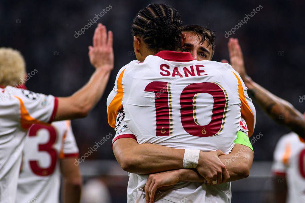 FRANKFURT, GERMANY - 18 SEPTEMBER, 2025: Leroy Sane, Yunus Akgun - The match UEFA Champions League Eintracht Frankfurt v Galatasaray A.S. at Deutsche Bank Park.