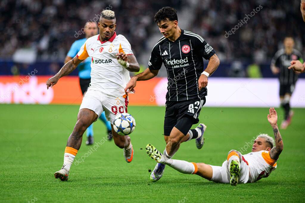 FRANKFURT, GERMANY - 18 SEPTEMBER, 2025: Mario Lemina, Can Uzun, Lucas Torreira - The match UEFA Champions League Eintracht Frankfurt v Galatasaray A.S. at Deutsche Bank Park.