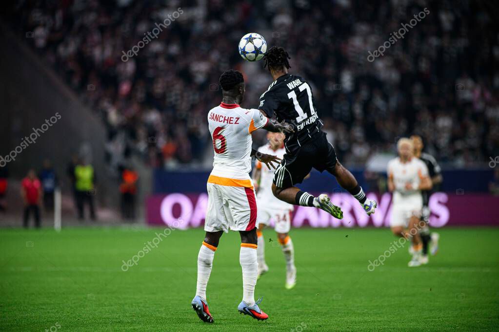 FRANKFURT, GERMANY - 18 SEPTEMBER, 2025: Davinson Sanchez, Elye Wahi - The match UEFA Champions League Eintracht Frankfurt v Galatasaray A.S. at Deutsche Bank Park.