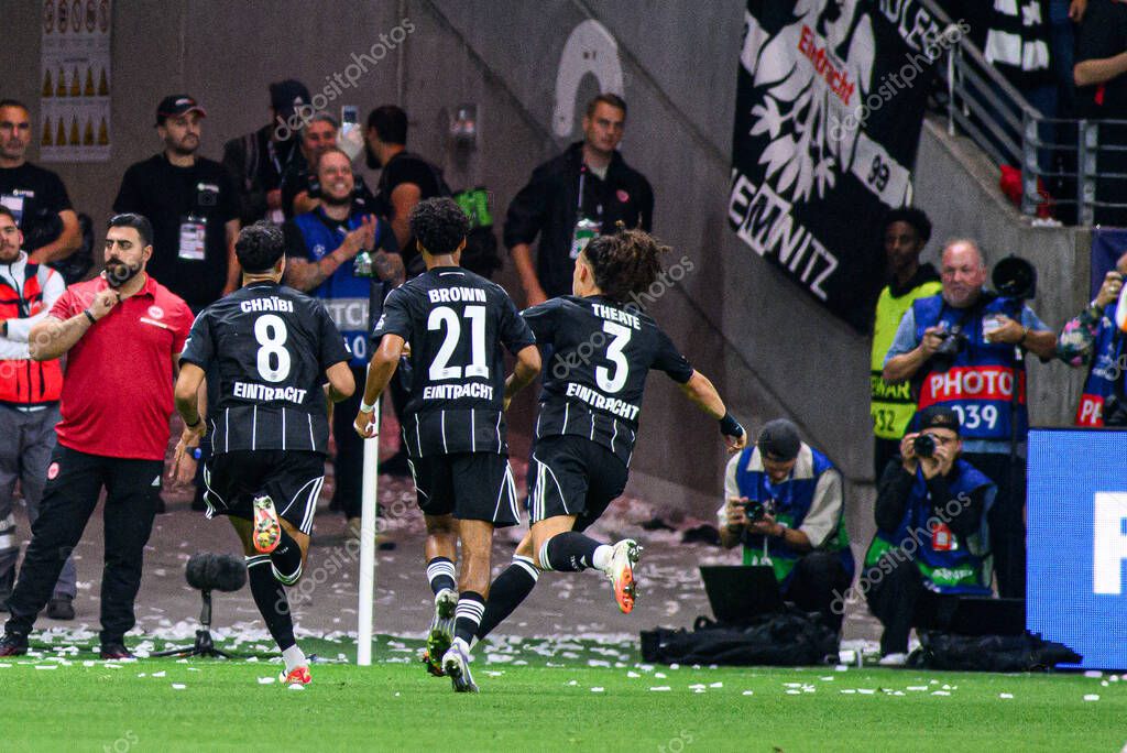 FRANKFURT, GERMANY - 18 SEPTEMBER, 2025: Fares Chaibi, Nathaniel Brown, Arthur Theate, goal - The match UEFA Champions League Eintracht Frankfurt v Galatasaray A.S. at Deutsche Bank Park.