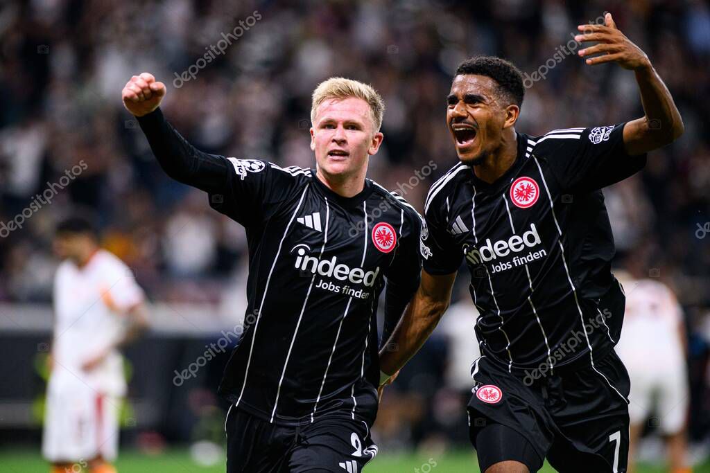 FRANKFURT, GERMANY - 18 SEPTEMBER, 2025: Jonathan Burkardt, Ansgar Knauff - The match UEFA Champions League Eintracht Frankfurt v Galatasaray A.S. at Deutsche Bank Park.