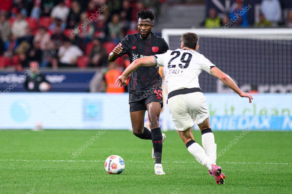 LEVERKUSEN, GERMANY - 21 SEPTEMBER, 2025: Edmond Tapsoba, Joe Scally - The Bundesliga match Bayer 04 Leverkusen vs Borussia Moenchengladbach at BayArena.