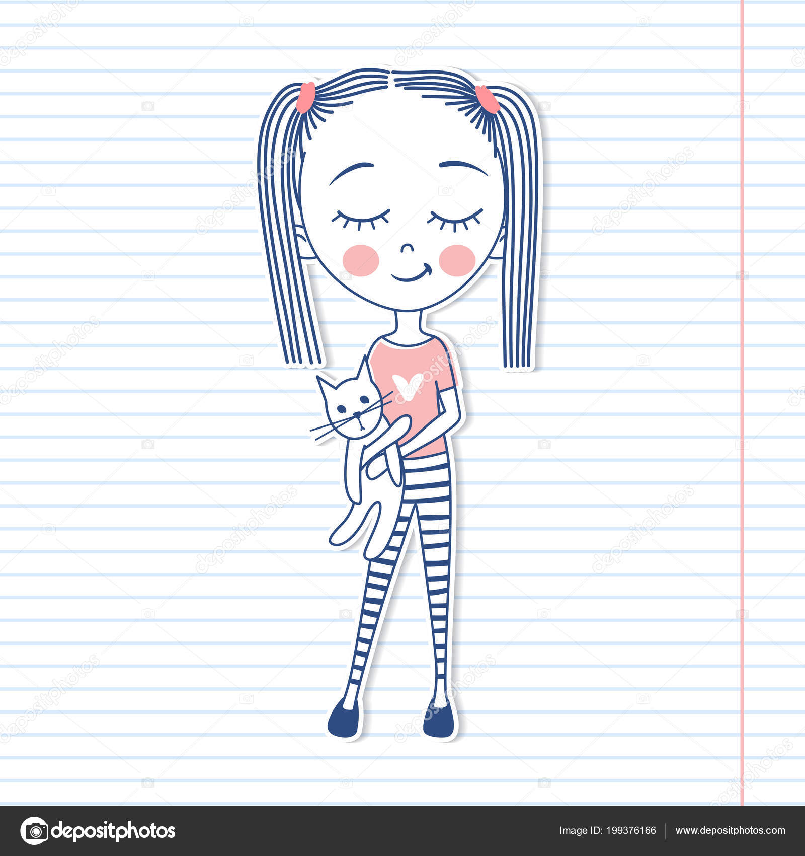 Cute Vector Petite Fille Avec Chat Image Vectorielle