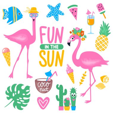 Vektör yaz ayarla pembe flamingo, monstera yaprak, tropikal yaprak ile