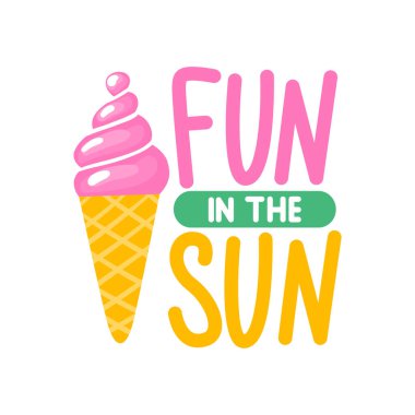 Vektör yaz kartı şirin pembe dondurma ile. Eğlenceli güneş.