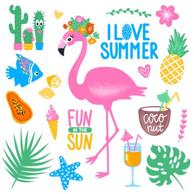 Vektör yaz ayarla pembe flamingo, monstera, tropikal yaprak ile,
