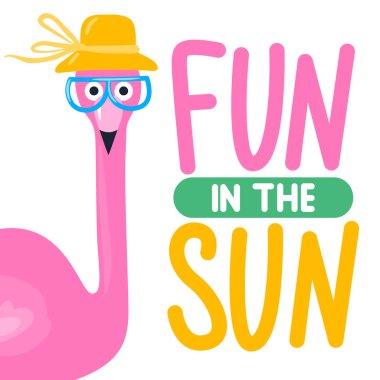 Komik pembe flamingo ile vektör yaz kartı. Trendy illüstrasyon. Tropik kuş. Egzotik hayvan. Öğe için baskı tasarım, tebrik kartı, posterler, parti süslemeleri. Şirin flamingolar. Eğlenceli güneş.