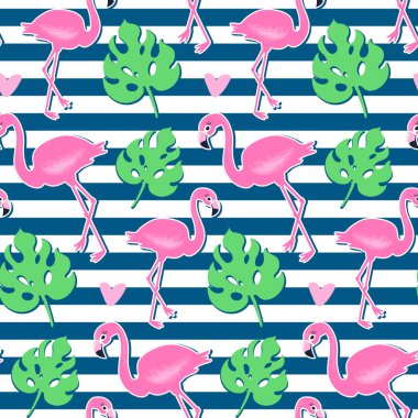 Vektör pembe flamingo, monstera seamless modeli. Yaz tropikal arka plan