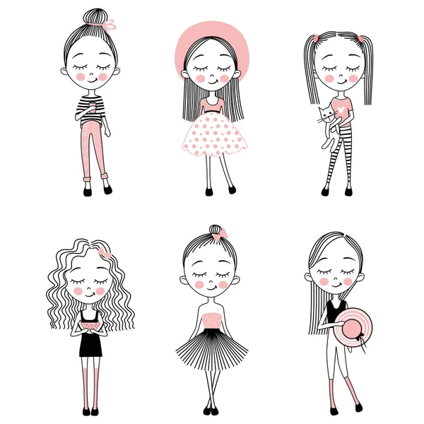 Conjunto de vectores con niñas lindas . — Vector de stock