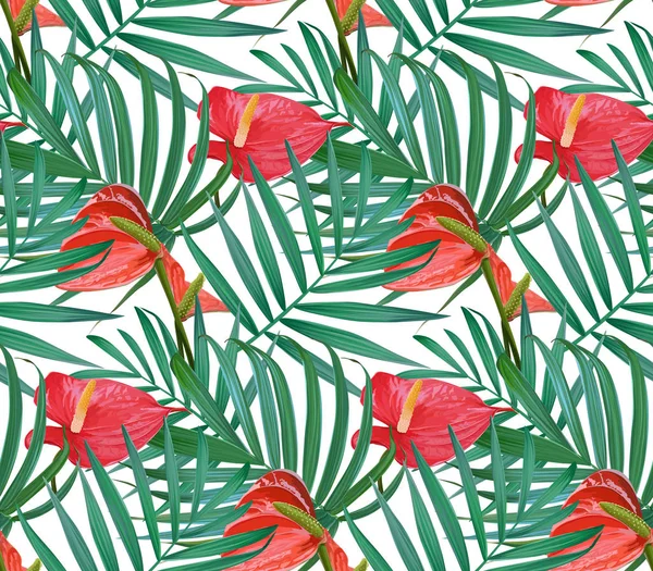 Vector Tropical flowers and palm leaves seamless pattern. 