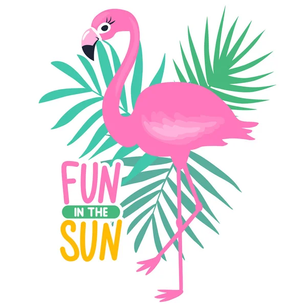 Vector Pink flamingo and palm leaves. Summer illustration. — Stock Vector