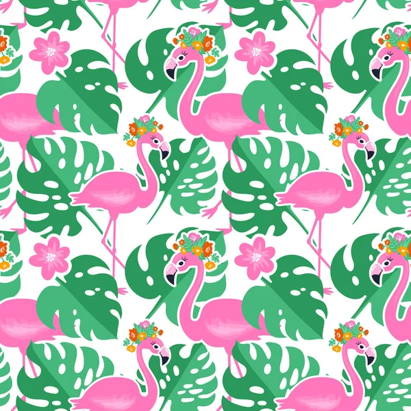 Patrón sin costura tropical vectorial con flamenco rosa, hoja tropical — Archivo Imágenes Vectoriales