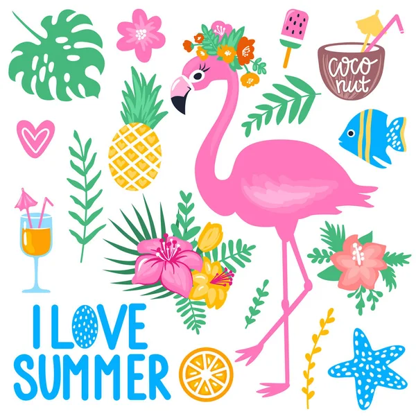 Set estivo vettoriale con fenicottero rosa, foglia di monstera, fiori di foglie tropicali — Vettoriale Stock