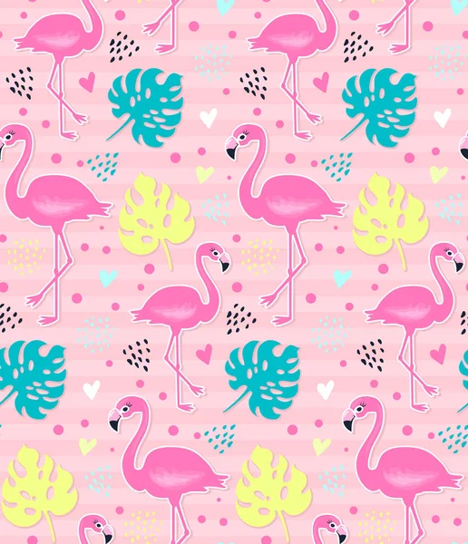 Vektör pembe flamingo, monstera seamless modeli. Yaz tropikal arka plan