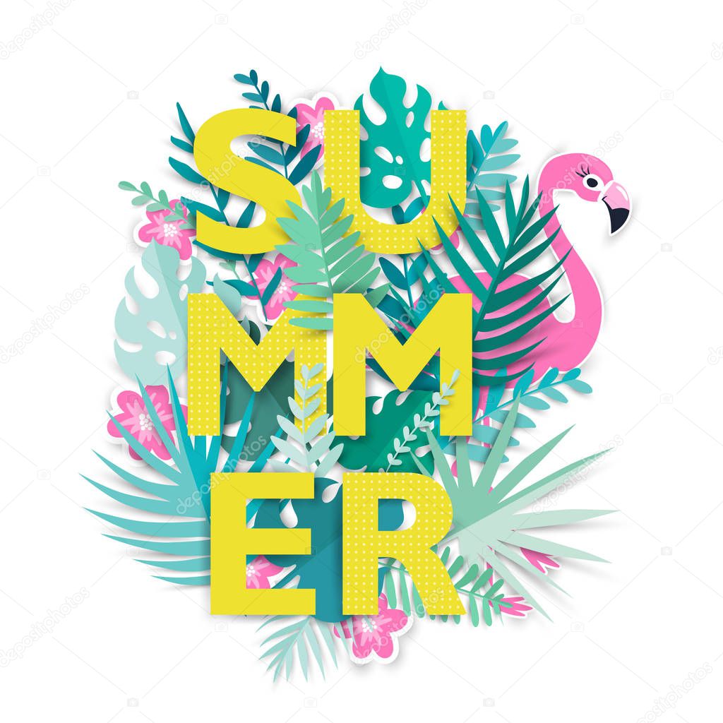 Summer tropical background with exotic palm leaves, pink flaming