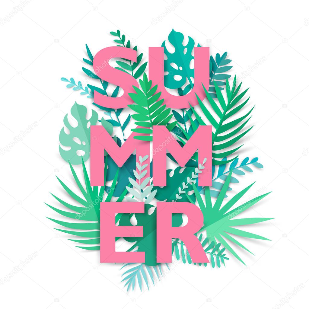 Summer tropical background with exotic palm leaves and plants.