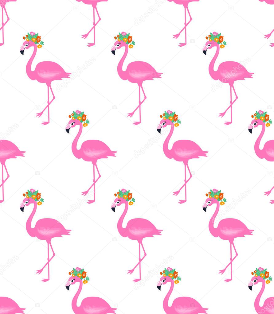 Vector pink flamingo seamless pattern. Summer tropical background.