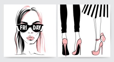 Vektör kız bardaklarda. Şık kadın yüzü