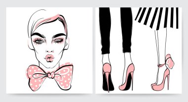 Vektör kız bardaklarda. Şık kadın yüzü