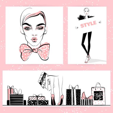 Moda resimde kümesi. Vektör şık kızlar.
