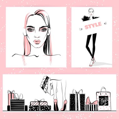 Moda resimde kümesi. Vektör şık kızlar.