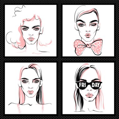 Moda illüstrasyon. Vektör kızlar set.