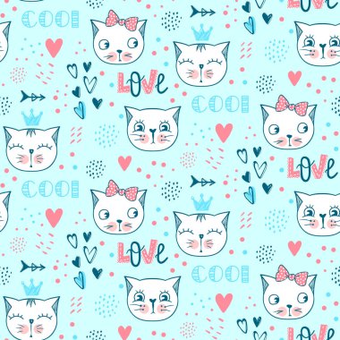 Vektör moda kedi seamless modeli. Şirin kedi yavrusu illüstrasyon