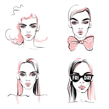 Moda illüstrasyon. Vektör kız ayarla. Zarif kadın portre.