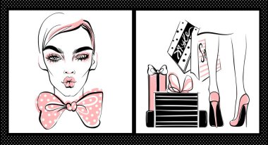 Vektör kız. Şık kadın yüzü. Kadınlar paketleri ile.