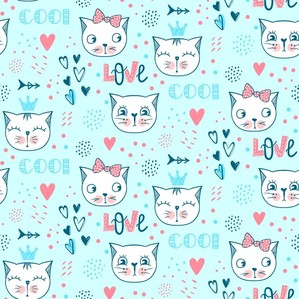 Vector fashion cat seamless pattern. Cute kitten illustration — Stock Vector