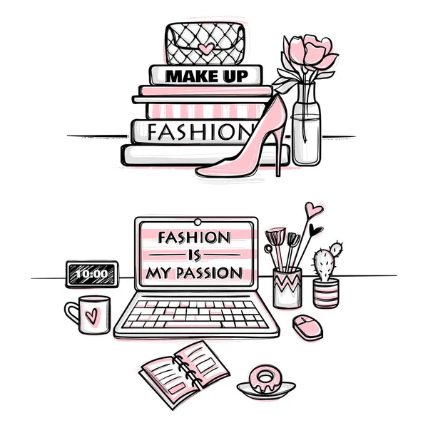 Vector fashion illustration. Desktop concept for girls. Stylish Workplace. — Stock Vector