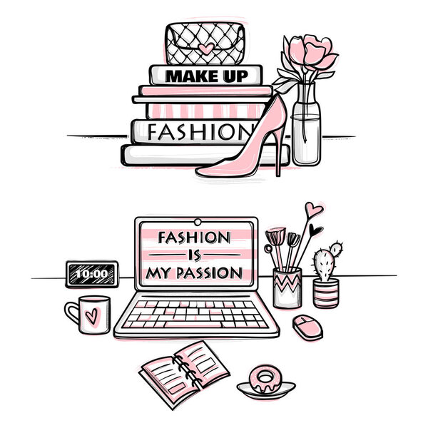 Векторная мода. Концепция рабочего стола для девочек. Стильное рабочее место
.