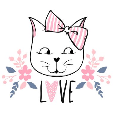 Şirin kedi vektör tasarımı. Kız gibi yavru kedi. Moda kedi yüz.