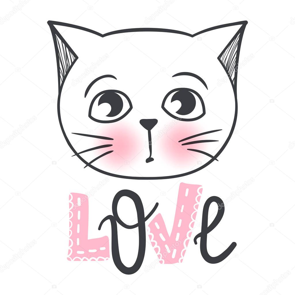 Cute cat vector design. Girly kittens. Fashion Cats face. Animal print. Cartoon illustration in sketch style. Doodle Kitty. For the design of posters, T-shirts, cards.