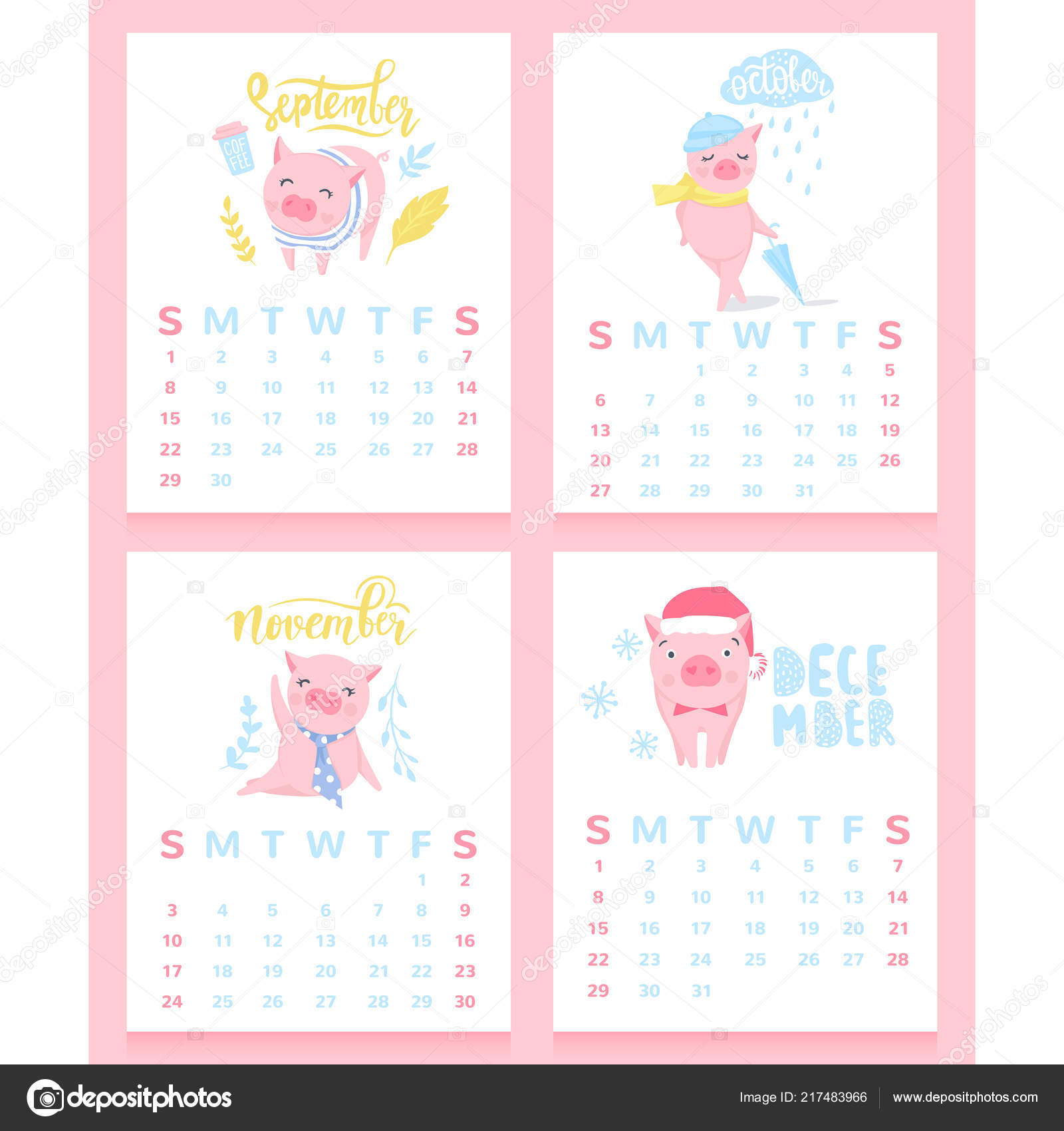 Cartoon calendar 2019 with cute pigs. September, october, november ...