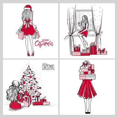 Neşeli Noel ve mutlu yeni yıl kartları vektör. Christmas illüstrasyon