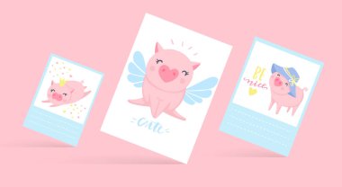 Sevimli vektör kartları komik domuzlarla. Domuz illüstrasyon izole beyaz.