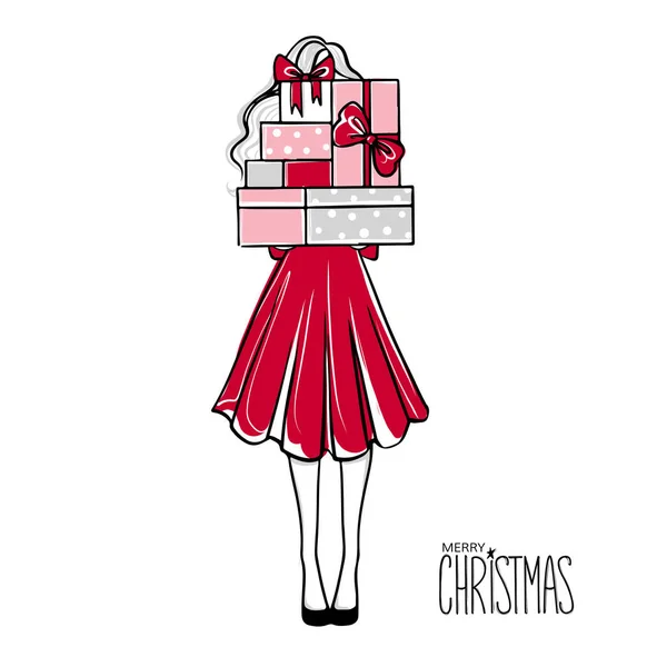 Chica con muchos regalos. Feliz Navidad y Feliz Año Nuevo tarjeta vectorial . — Archivo Imágenes Vectoriales