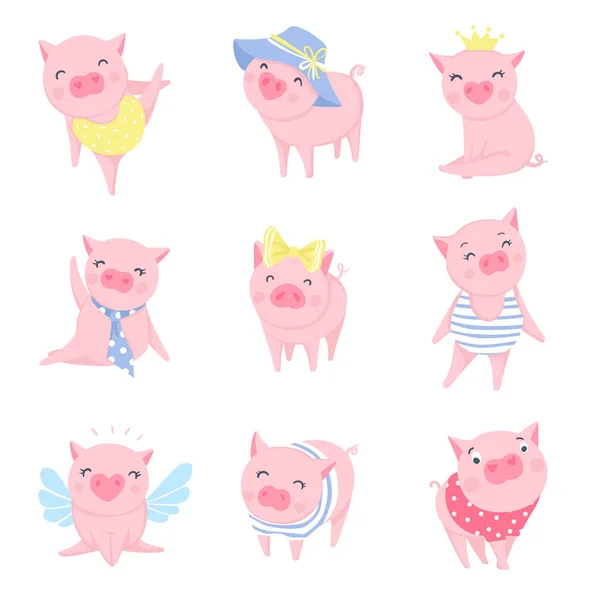 Mignon ensemble vecteur de cochons roses. Symbole de 2019 sur le calendrier chinois . — Image vectorielle